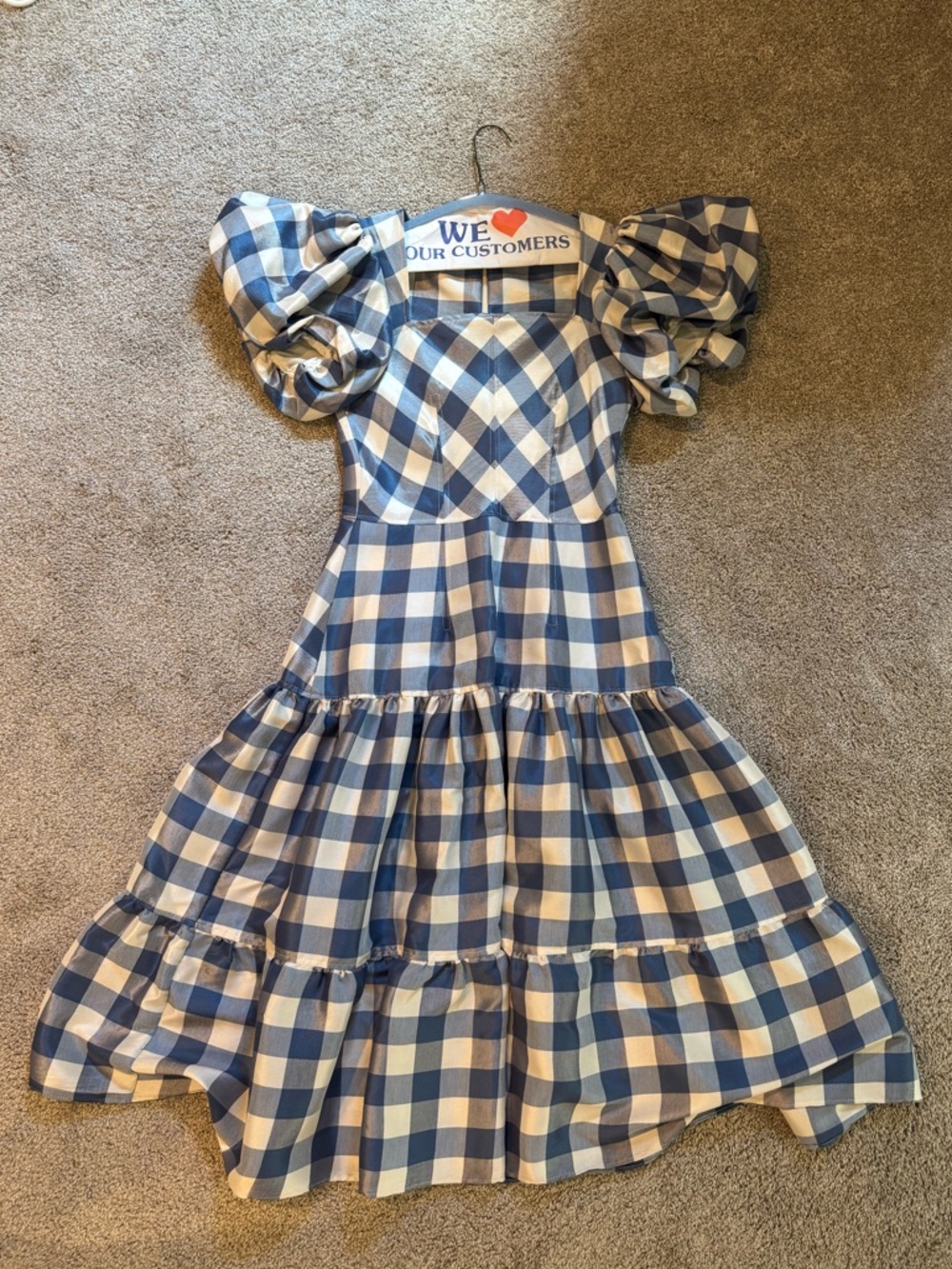 HUNTER BELL Blue and White Gingham Puff-Sleeve Tiered Dress
